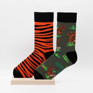 Tiger Stripes Cotton Socks: Unisex Mismatched Cozy Socks