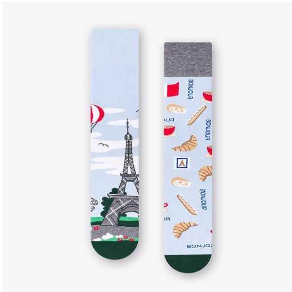 París Francia Bonjour Croissant Torre Eiffel Calcetines unisex, Calcetines divertidos, Calcetines acogedores, Calcetines coloridos, Idea de regalo, Regalo perfecto, Calcetines no coincidentes