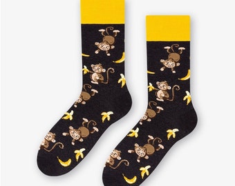 Happy Monkey Banana Unisex Socks, Funny Socks, Cozy Socks, Crazy Socks, Colorful Socks, Gift Idea, Perfect Gift, Mismatched Socks