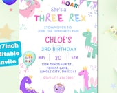 Three Rex Birthday Invitation Girl, Pastel Dinosaur 3rd Birthday Invite, Editable Canva Template, Cute Pink Dino Party, Printable Download