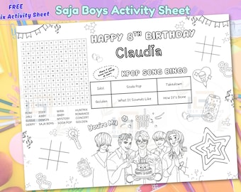Saja Boys Kpop-activiteitenplacemat en kleurplaat|Kpop Demon Hunters-verjaardag-activiteitenblad|Saja Boys-feestspel|Gratis Huntrix-activiteitenblad