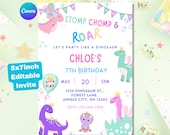 Girl Dinosaur Birthday Invitation, Pastel Dino Party Invite, Editable Stomp Chomp Roar Printable, Any Age Canva Template Instant Download