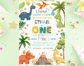 Dinosaur 1st Birthday Invitation Template, T-Rex Party (Canva, Digital Download)