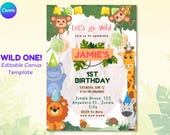 Wild One Birthday Invitation, Safari 1st Birthday Invite, Jungle Animals Party, 2nd Birthday Zoo Theme, Editable Canva Template Any Age