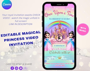 Editable Fairytale Princess Video Invitation | Magical Royal Castle Animated Evite | Enchanted Theme Mobile Download