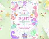 Dinosaur Birthday Invitation – Three Rex Girl Party (Canva Template)