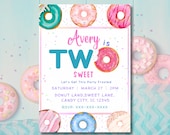 Two Sweet Birthday Invitation Girl, Donut 2nd Birthday Invite, Pastel Donut Party, Editable Canva Template, Second Birthday Digital