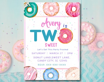 Convite de aniversário de 2 anos "Two Sweet", Convite de aniversário com tema de donuts para menina, Festa de donuts em tons pastel, Modelo editável do Canva, Convite digital para segundo aniversário