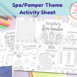 Könnte beinhalten: Schwarz-Weiß-Aktivitätsblätter zum Thema Spa mit dem Text "Spa/Pamper Theme Activity Sheet". Die Blätter enthalten Wortsuchrätsel, Labyrinthe und Malvorlagen. Auf einem Blatt steht "Amelia's Spa-tacular 8th Birthday".