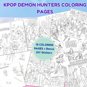 Kpop Demon Hunters Coloring Pages & DIY Stickers | Printable Coloring Book | Girl Group Boy Band Birthday Party Favors | Kids Activity PDF