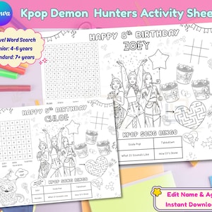 Pode incluir: Uma folha de atividades Kpop Demon Hunters com caça-palavras, Kpop Song Bingo e parabéns de aniversário para Zoey e Chloe. Inclui texto: "Edit Name & Age Instant Download". Para idades de 4-6 e 7+ anos.