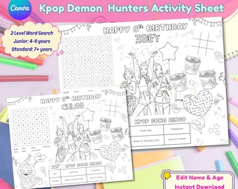 Kpop Birthday Activity Sheet | Demon Hunter Party Placemat | Huntrix Activity Sheet | Printable Party Favors | Kpop Coloring Pages | Canva