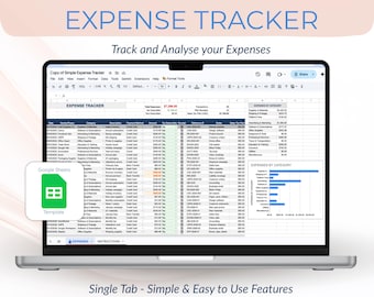 May include: A laptop displays a spreadsheet labeled "EXPENSE TRACKER" with data and charts. The screen shows a Google Sheets template with the text "Track and Analyse your Expenses" and "Single Tab - Simple & Easy to Use Features."