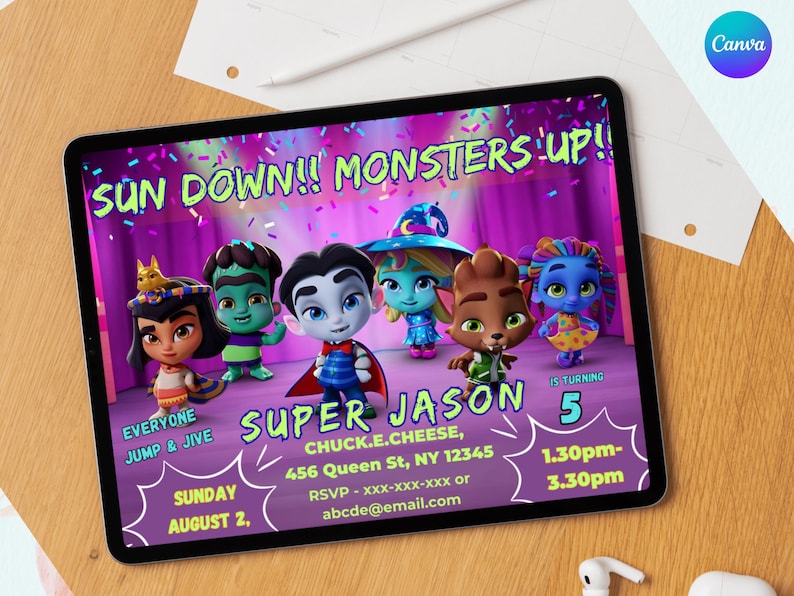Super Monsters Invitation | Editable Canva Birthday Template | Drac, Katya, Lobo | Custom Digital Download| Super Monsters Party Invites image 2