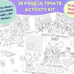 May include: A 35-page activity kit with coloring pages, DIY stickers, and activity sheets. The kit features illustrations with the text "YAAHH!" and "HAPPY 8TH BIRTHDAY ZOEY". The kit also includes a KPOP song bingo game.