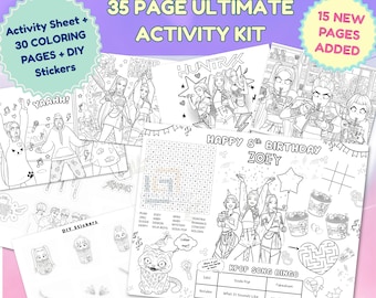 K‑pop Birthday Party Games Printable | Demon Hunter Activity Placemat & 35‑Page Coloring Bundle | Huntrix Saja Boys Party Favors