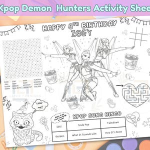 Kpop Demon Hunters Activity Sheet|Demon Hunters Party Placemat|Printable Coloring Page|Party Games|Huntrix Placemat|Kpop Party Games