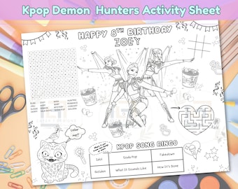 Kpop Demon Hunters Activity Sheet|Demon Hunters Party Placemat|Printable Coloring Page|Party Games|Huntrix Placemat|Kpop Party Games