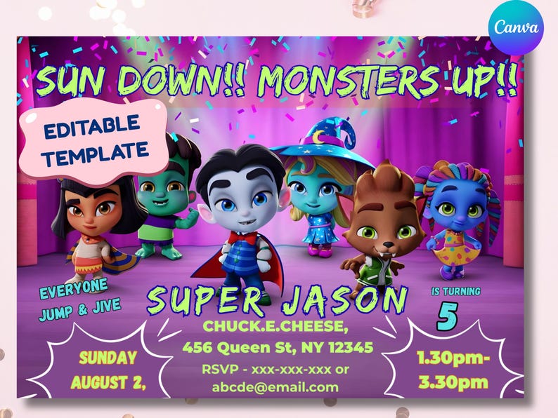 Super Monsters Invitation | Editable Canva Birthday Template | Drac, Katya, Lobo | Custom Digital Download| Super Monsters Party Invites image 5