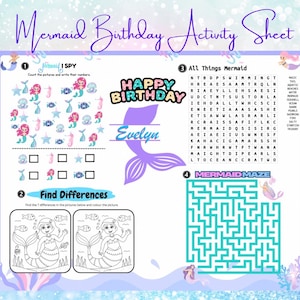 Editable Mermaid-themed birthday Activity Sheet,Under the Sea Party Games,Personalized Birthday Games Template,Printable Mermaid Party Game