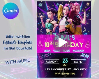 Kpop Demon Hunters Video Invitation,Huntrix Birthday Video,Editable Video Canva Template,Rumi Zoey Mira Video Invitation,kpop animations