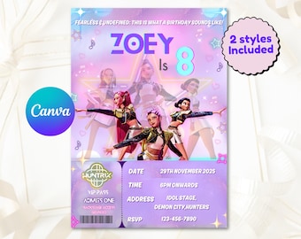 Kpop Demon Hunters Birthday Invitation | Editable Ticket Template | Huntrix VIP Concert Pass | Girl Group Party Invite | 2 Styles Included