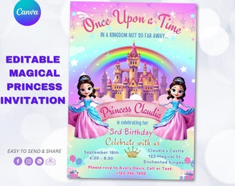 Può includere: Un invito a tema principessa con il testo "Once Upon a Time" e "Princess Claudia". Il design presenta un castello, un arcobaleno e due illustrazioni di principesse. L'invito è per una festa di 3° compleanno.