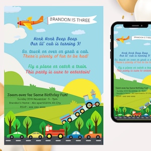 Transportation Birthday Invitation | Vehicle Birthday Invite | Fire Truck |Train |Car |Airplane | Made-to-Order