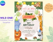 Wild One Birthday Invitation, Safari 1st Birthday Invite, Jungle Animals Party, 2nd Birthday Zoo Theme, Editable Template + Free Thank You