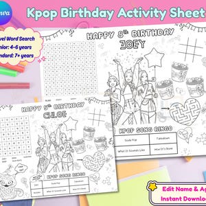 May include: Two Kpop birthday activity sheets featuring word searches, tic-tac-toe, heart-shaped mazes, and Kpop song bingo. The sheets include illustrations of three performers, party decorations, and text reading Happy Birthday, Zoey, and Chloe.