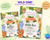 Wild One Birthday Invitation, Safari 1st Birthday Invite, Jungle Animals Party, 2nd Birthday Zoo Theme, Editable Template + Free Thank You
