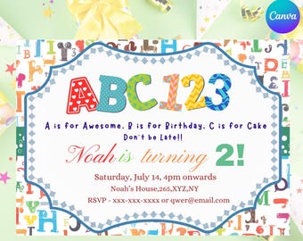ABC Alphabet Birthday Invitation - Personalized | Instant Download | Kids Party Invite | Canva Template