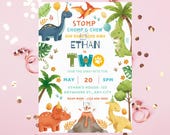 Two-Rex Dinosaur 2nd Birthday Invitation, Editable Canva Template (Digital Download)