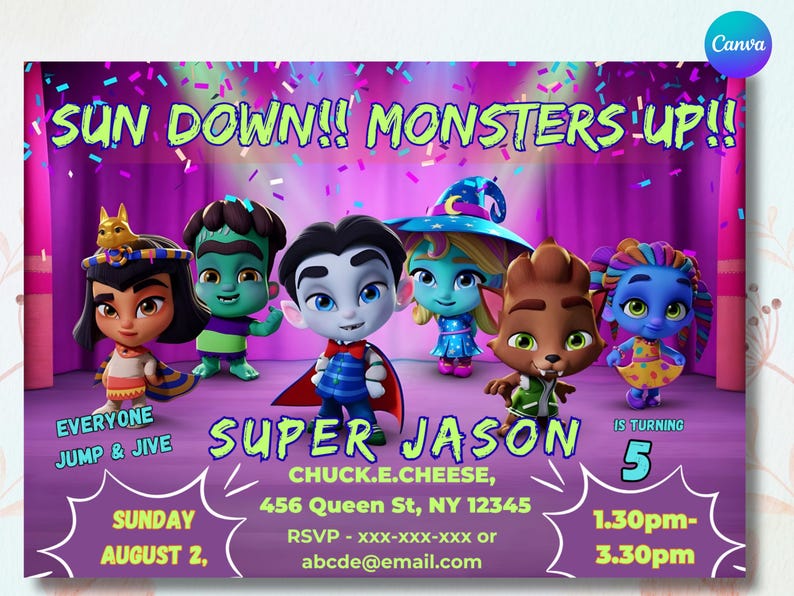Super Monsters Invitation | Editable Canva Birthday Template | Drac, Katya, Lobo | Custom Digital Download| Super Monsters Party Invites image 1