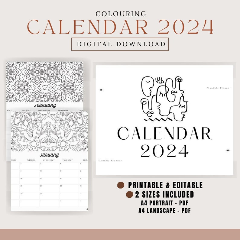 Colouring Calendar 2024 Printable and Editable Coloring Etsy