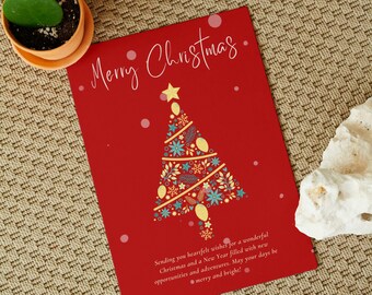 May include: A red Christmas card with the words "Merry Christmas" in elegant script. A decorated Christmas tree is the central design element, with a star on top. The card includes a holiday message.