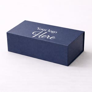 May include: A navy blue rectangular box with a hinged lid. The box has the text "Your logo Here" printed in white on the top. The box is sitting on a white surface.