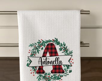 Personalized Christmas Tea Towel – Buffalo Plaid Wreath, Custom Name