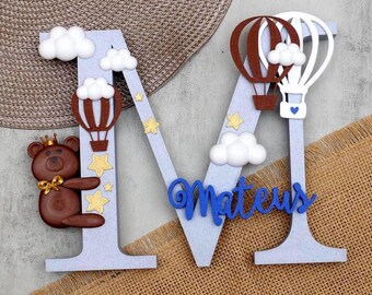 Personalized 3D Printed Nursery Letter, Baby Boy Name Decor, Hot Air Balloon Bear Letter, Custom Kids Room Decor, Baby Shower Gift