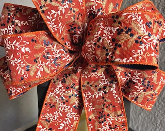 Orange Berry Fall Bow, Burnt Orange Navy Leaves Wired Ribbon, Rustic Farmhouse Decor
