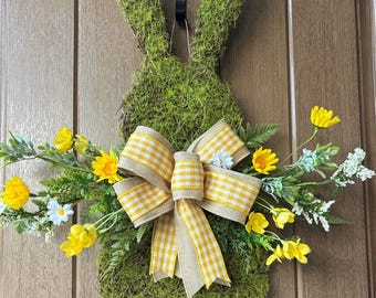 Moss Bunny Wreath | Yellow Florals, Gingham Bow Door Hanger