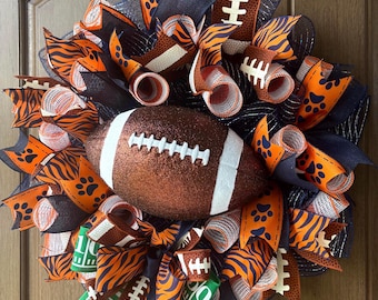 Orange & Navy Football Wreath | Tiger Football Door Wreath | Fall Sports Decor | Mesh Front Door Wreath | Game Day Porch Decor