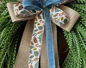 Fall Leaf Bow with Blue Velvet Accent | Burlap Decorative Bow | Farmhouse Autumn Bow | Wreath Bow