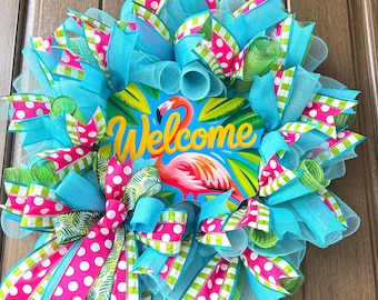 Flamingo Welcome Wreath, Tropical Summer Door Decor, Pink Flamingo Mesh Wreath, Beach House Front Door Wreath
