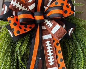 Orange Black Football Wreath Bow, Game Day Sports Decor, Handmade Ribbon Accent