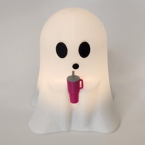 Puede incluir: Una figurita de fantasma blanca sosteniendo una taza rosa con una pajita gris. El fantasma tiene ojos negros y una expresión de sorpresa.