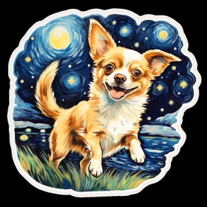 Wasserdichter Aufkleber Chihuahua-Hund, der durch schönes Feld unter dem sternenklaren Nachthimmel läuft - Van Gogh inspiriert