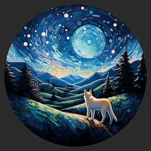 Waterdichte vinylsticker Akita-hond wandelen in de bergen onder de nachtelijke hemel en heldere maan, Happy Positive V5
