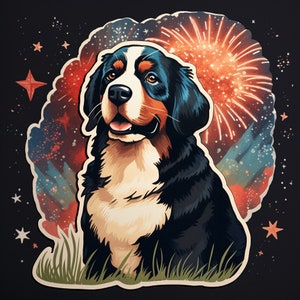 Waterdichte vinylsticker Berner Sennenhond kijkt naar vuurwerk op 4 juli in Beautiful Field v2 waterdicht