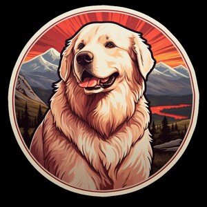 Waterdichte sticker hond uit de Pyreneeën aan het wandelen in prachtige bergomgeving